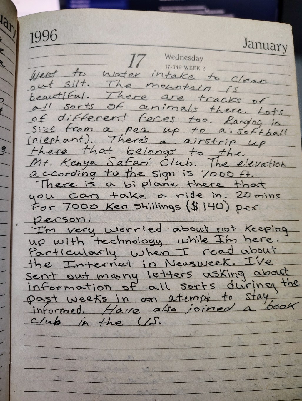 Handwritten Peace Corps journal entry dated January 17, 1996, describing Mount Kenya and concern about keeping up with the early Internet.